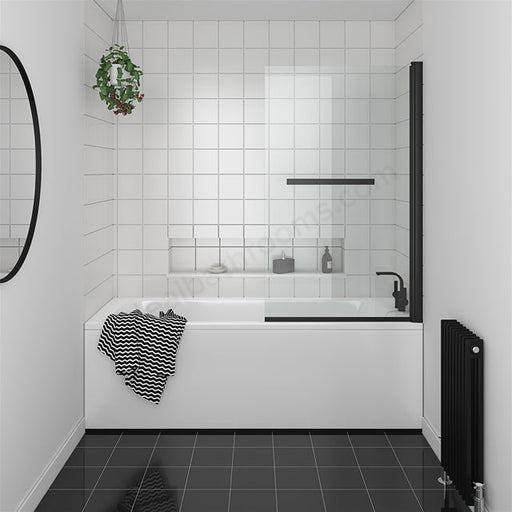 Essential Designer 1400mm x 850mm x 5mm Bath Screen with Handle - Matt Black - Unbeatable Bathrooms