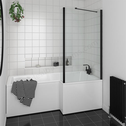Essential Designer 1400mm x 850mm x 6mm L-Shaped Bath Screen - Matt Black - Unbeatable Bathrooms