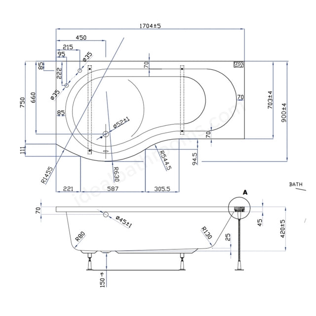 Essential Hampstead P Shape Shower Bath Pack 1700mm x 900mm No Tap Hole White - Unbeatable Bathrooms