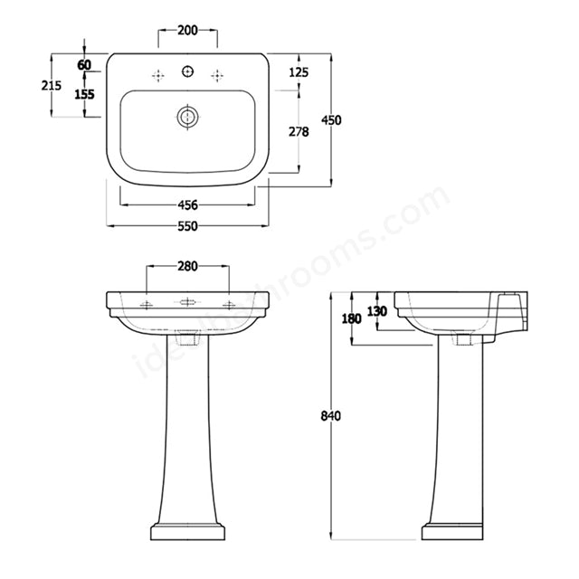 Essential Iris Pedestal Basin Only, 550mm Wide, 2 Tap Holes - White - Unbeatable Bathrooms