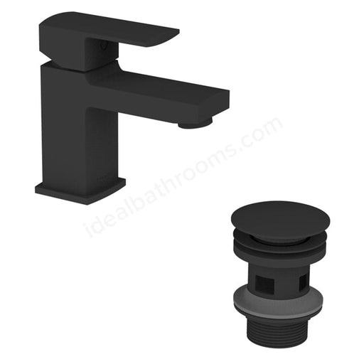 Essential Paron Matt Black Mono Basin Mixer with Click Waste 1 Tap Hole Matt Black - Unbeatable Bathrooms