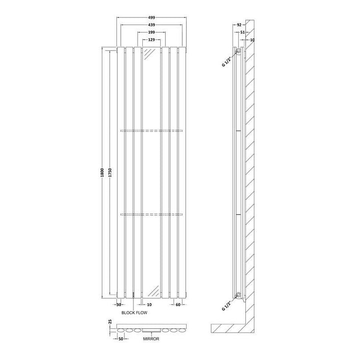 Hudson Reed Double Panel Radiator with Mirror 180cm x 49.9cm - Unbeatable Bathrooms