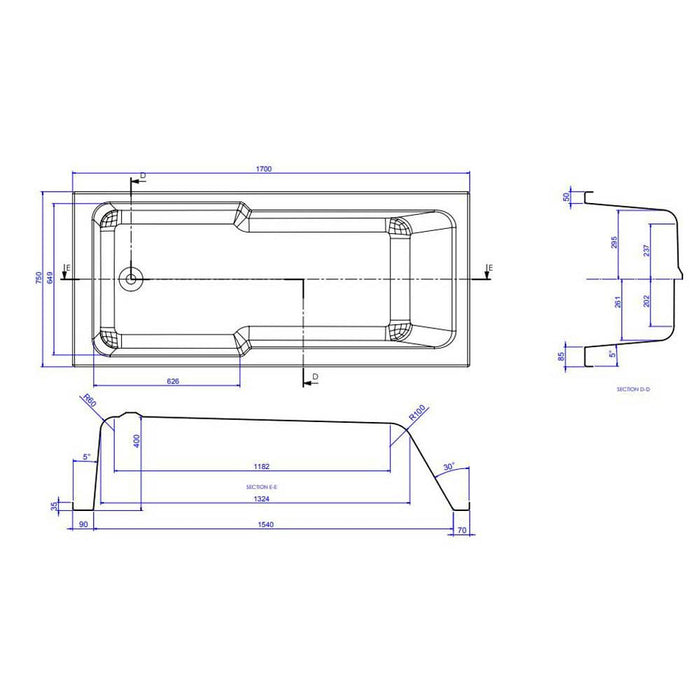 The White Space I-Bath 1700 x 750mm Single Ended Shower Bath - Unbeatable Bathrooms