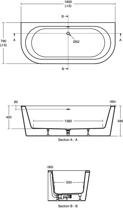 Ideal Standard Adapto 1800 x 800mm D-Shape Double Ended Freestanding Bath with Clicker Waste 0TH - Unbeatable Bathrooms