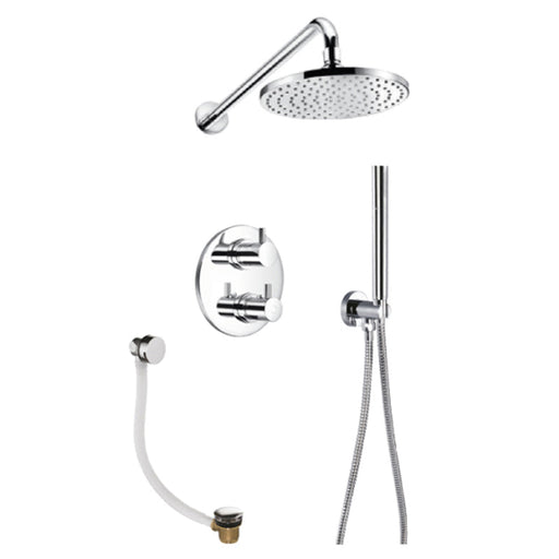 Flova Levo Thermostatic 3-Outlet Shower Valve with Fixed Head, Handshower Kit and Bath Overflow Filler - Round - Unbeatable Bathrooms