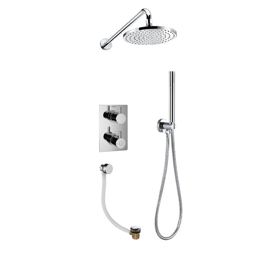 Flova Levo Thermostatic 3-Outlet Shower Valve with Fixed Head, Handshower Kit and Bath Overflow Filler - Square - Unbeatable Bathrooms