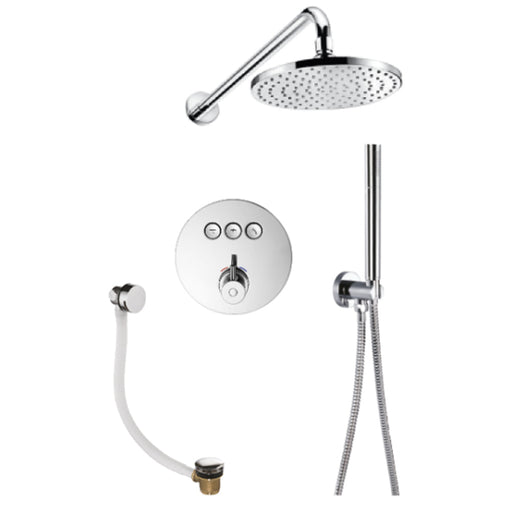 Flova Levo Goclick&reg; Thermostatic 3-Outlet Shower Valve with Fixed Head, Handshower Kit and Bath Overflow Filler - Round - Unbeatable Bathrooms