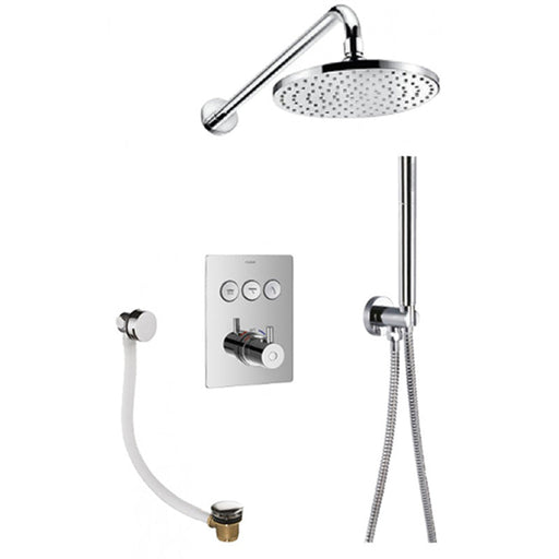 Flova Levo Goclick&reg; Thermostatic 3-Outlet Shower Valve with Fixed Head, Handshower Kit and Bath Overflow Filler - Square - Unbeatable Bathrooms
