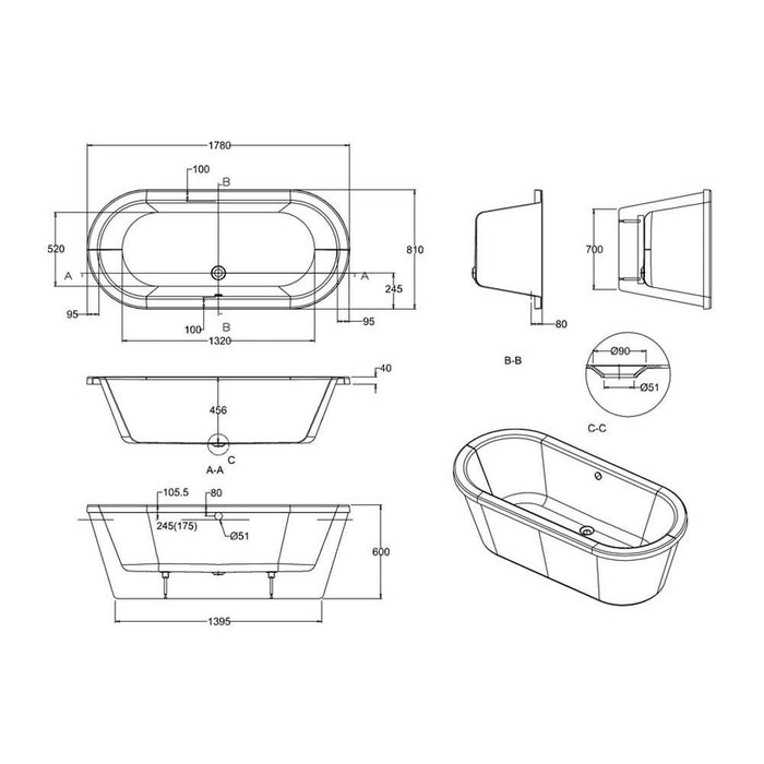 Britton Saturn 1700mm Modern Freestanding Bath - Unbeatable Bathrooms