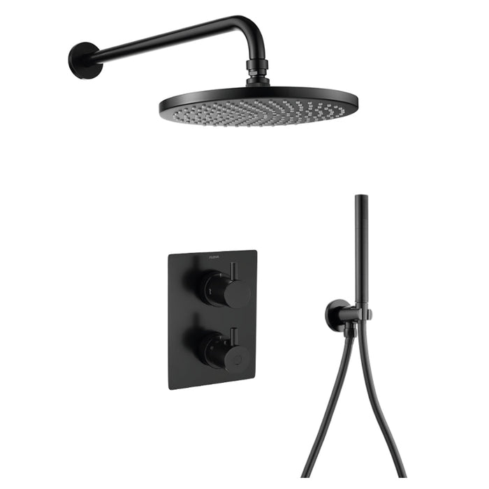 Flova Levo Thermostatic 2 Outlet Shower Valve with Fixed Head and Hand Shower Kit - Square - Unbeatable Bathrooms