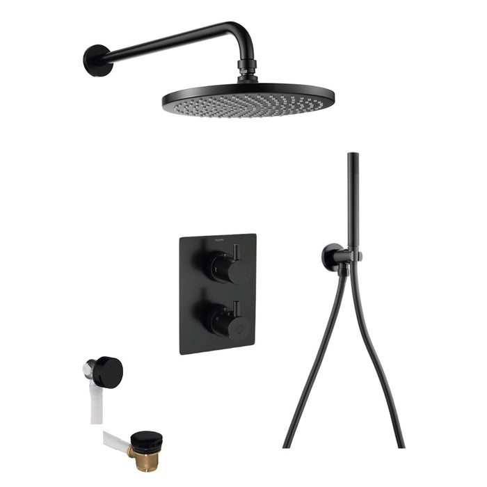 Flova Levo Thermostatic 3-Outlet Shower Valve with Fixed Head Hand Shower Kit and Bath Overflow Filler - Square - Unbeatable Bathrooms