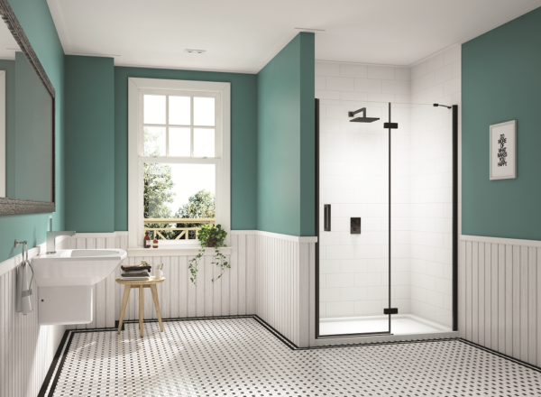 Merlyn Black Hinge & Inline Door Including Merlyn Mstone Tray with Side Panel - Unbeatable Bathrooms