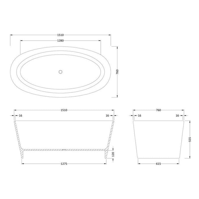 Hudson Reed Rose 1510 x 760mm Oval Freestanding Bath - Unbeatable Bathrooms