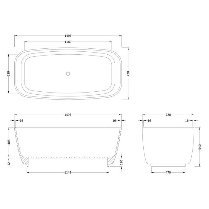 Hudson Reed Bella Rec 1495 x 720mm Freestanding Bath - Unbeatable Bathrooms
