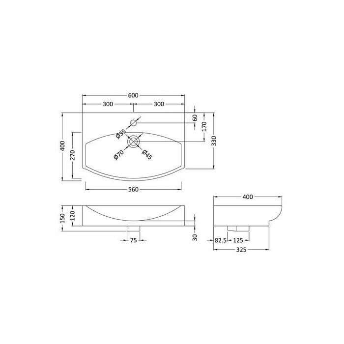 Hudson Reed 50/60cm 1TH Wall Hung Basin - Unbeatable Bathrooms
