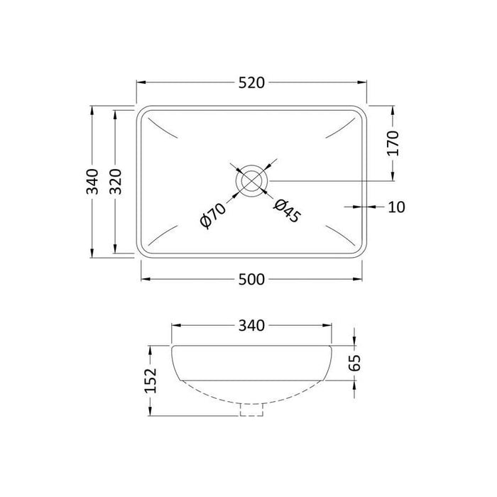 Hudson Reed 520mm 0TH Rectangular Countertop Basin - Unbeatable Bathrooms