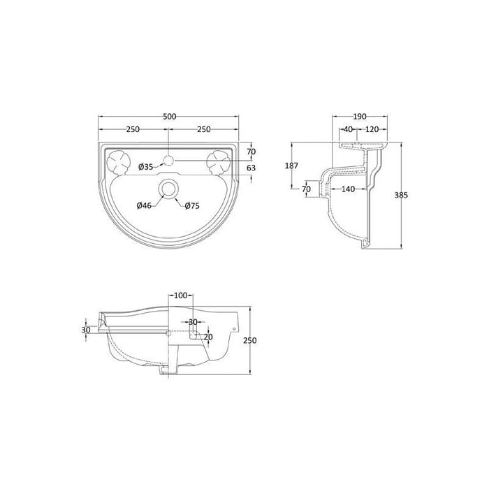 Hudson Reed Chancery 500mm 1TH Wall Hung Cloakroom Basin - Unbeatable Bathrooms