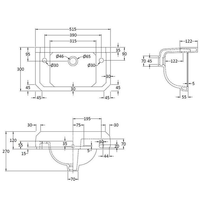 Hudson Reed Richmond 515/550/560mm Cloakroom Basin - 1, 2 & 3TH - Unbeatable Bathrooms