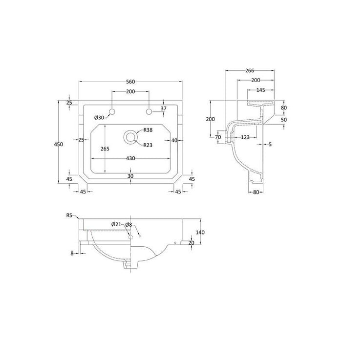 Hudson Reed Richmond 515/550/560mm Cloakroom Basin - 1, 2 & 3TH - Unbeatable Bathrooms