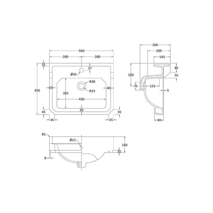 Hudson Reed Richmond 515/550/560mm Cloakroom Basin - 1, 2 & 3TH - Unbeatable Bathrooms