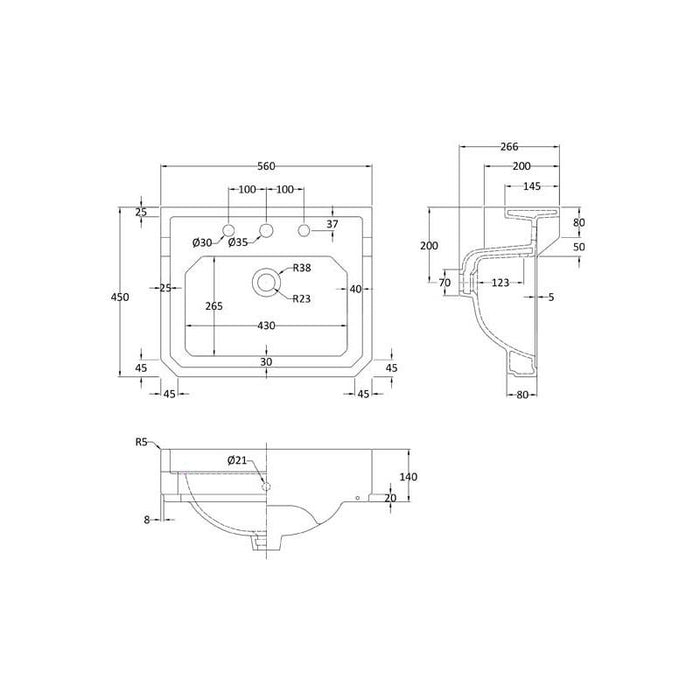 Hudson Reed Richmond 515/550/560mm Cloakroom Basin - 1, 2 & 3TH - Unbeatable Bathrooms