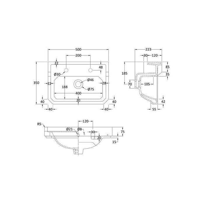 Hudson Reed Richmond 515/550/560mm Cloakroom Basin - 1, 2 & 3TH - Unbeatable Bathrooms