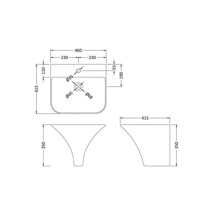 Hudson Reed Grace 460mm 1TH Wall Hung Basin - Unbeatable Bathrooms
