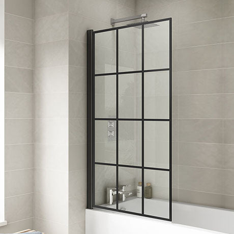 Hudson Reed Square Black Frame Hinged Bath Screen - Unbeatable Bathrooms