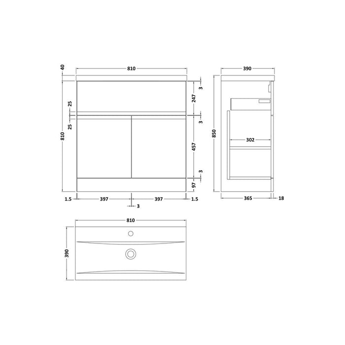 Hudson Reed Urban 5/6/800mm Vanity Unit - Floor Standing 2 Door & 1 Drawer Unit with Basin - Unbeatable Bathrooms