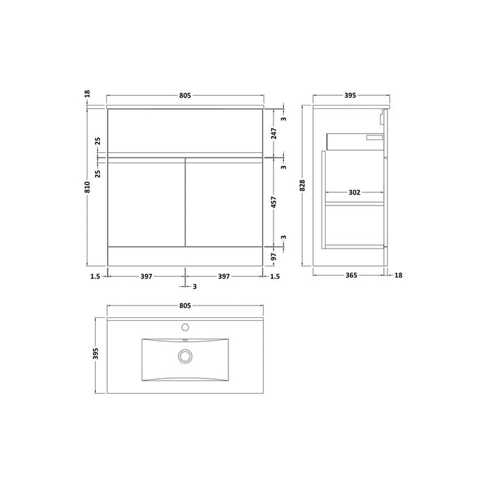 Hudson Reed Urban 5/6/800mm Vanity Unit - Floor Standing 2 Door & 1 Drawer Unit with Basin - Unbeatable Bathrooms