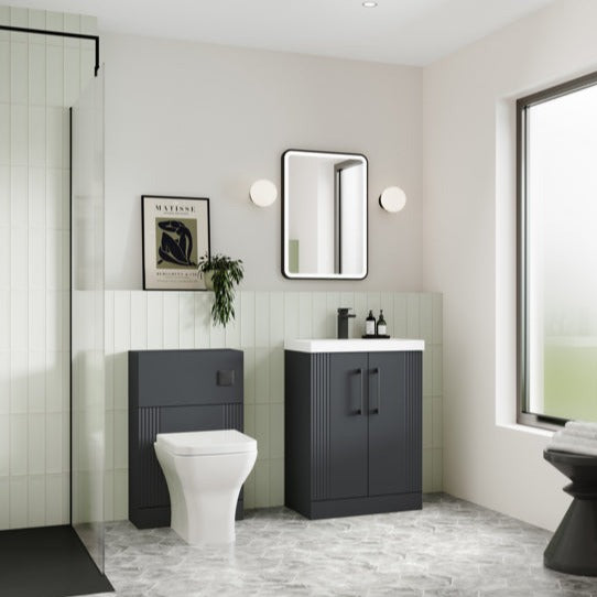 Nuie Deco 800mm Wall Hung 2 Drawer Fluted Vanity Unit & Basin - Satin Anthracite - Unbeatable Bathrooms