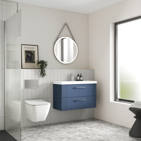 Nuie Deco 1200mm Wall Hung 2 Drawer Fluted Double Vanity Unit & Worktop - Satin Blue - Unbeatable Bathrooms