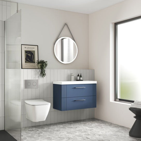 Nuie Deco 500mm Wall Hung 2 Drawer Fluted Vanity Unit & Basin - Satin Blue - Unbeatable Bathrooms