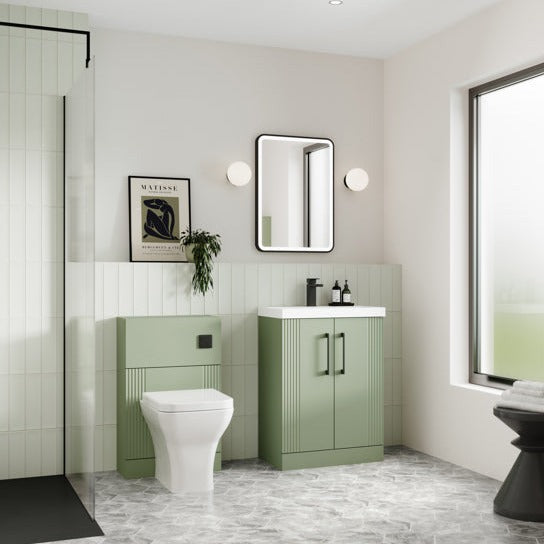 Nuie Deco 600mm Floor Standing 2 Door Fluted Vanity Unit & Basin - Satin Green - Unbeatable Bathrooms