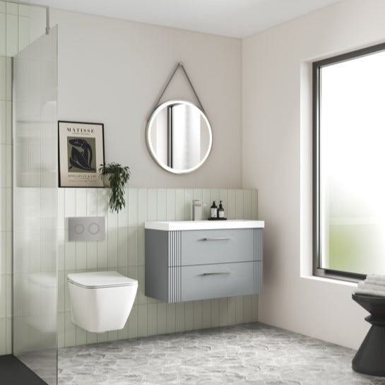 Nuie Deco 1200mm Wall Hung 2 Drawer Fluted Double Vanity Unit & Worktop - Satin Grey - Unbeatable Bathrooms