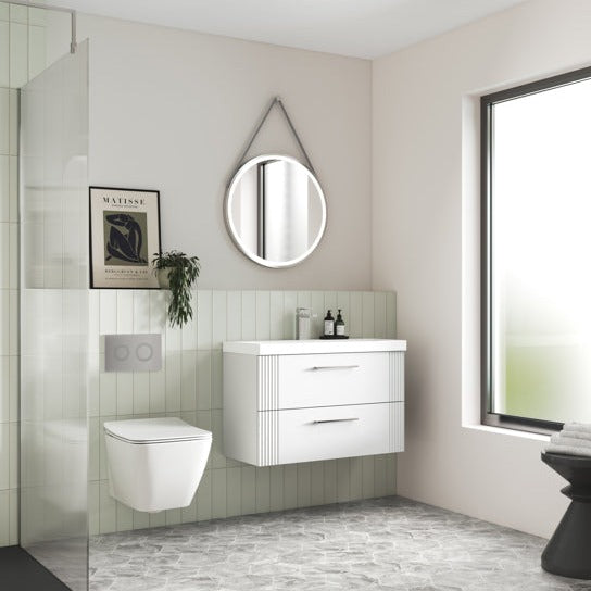 Nuie Deco 600mm Floor Standing 2 Door Fluted Vanity Unit & Basin - Satin White - Unbeatable Bathrooms