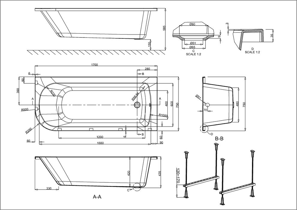 Britton Viride Vlear Line 1700 x 750mm Offset Single Ended Bath - Unbeatable Bathrooms
