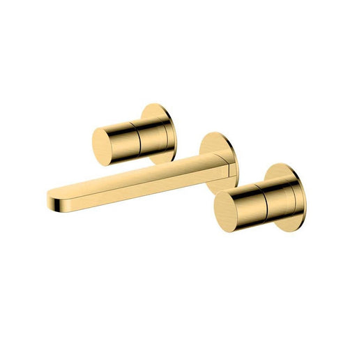 RAK Ceramics Petit Round Wall Mounted 3 Hole Basin Mixer - Brushed Gold - Unbeatable Bathrooms