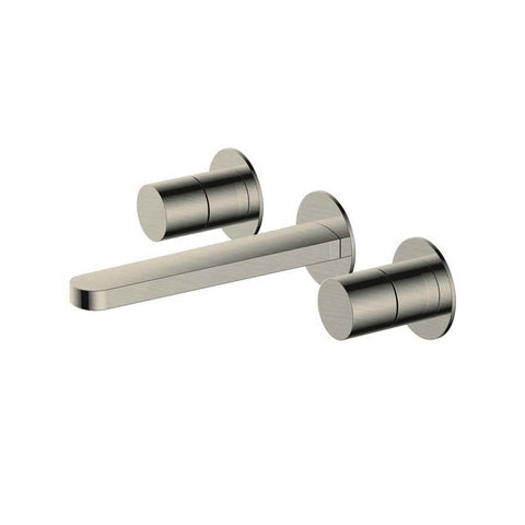 RAK Ceramics Petit Round Wall Mounted 3 Hole Basin Mixer - Brushed Nickel - Unbeatable Bathrooms