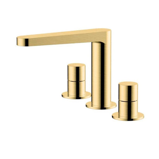 RAK Ceramics Petit Round Deck Mounted 3 Hole Basin Mixer - Brushed Gold - Unbeatable Bathrooms