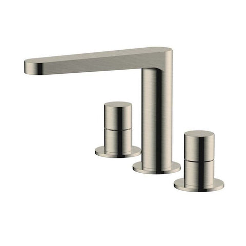 RAK Ceramics Petit Round Deck Mounted 3 Hole Basin Mixer - Brushed Nickel - Unbeatable Bathrooms