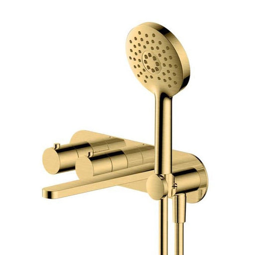 RAK Petit Round Wall Mounted Thermostatic Bath & Shower Mixer (Dual Outlet) - Brushed Gold - Unbeatable Bathrooms