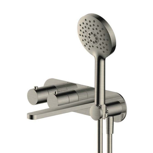 RAK Petit Round Wall Mounted Thermostatic Bath & Shower Mixer (Dual Outlet) - Brushed Nickel - Unbeatable Bathrooms