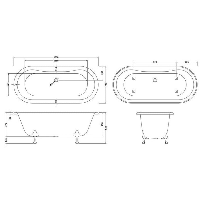 Hudson Reed Kingsbury 15/1700mm Freestanding Bath with Leg Sets - Unbeatable Bathrooms