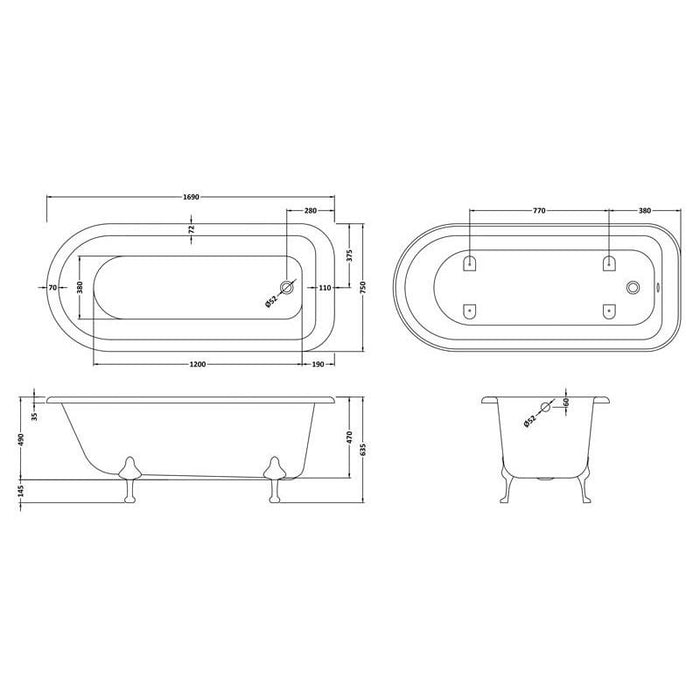 Hudson Reed Barnsbury 1690 x 750mm Freestanding Bath with Leg Sets - Unbeatable Bathrooms