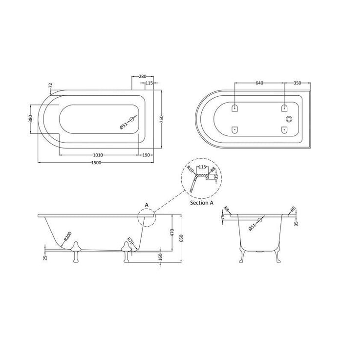 Hudson Reed Winterburn 15/1700mm Freestanding Shower Bath with Leg Sets - Unbeatable Bathrooms