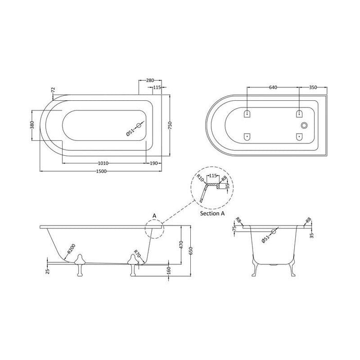 Hudson Reed Winterburn 15/1700mm Freestanding Shower Bath with Leg Sets - Unbeatable Bathrooms