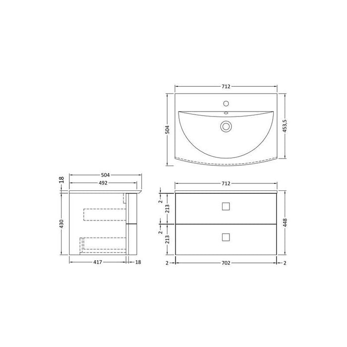 Hudson Reed Sarenna 700mm Curved Vanity Unit - Wall Hung 2 Drawer Unit with Basin - Unbeatable Bathrooms