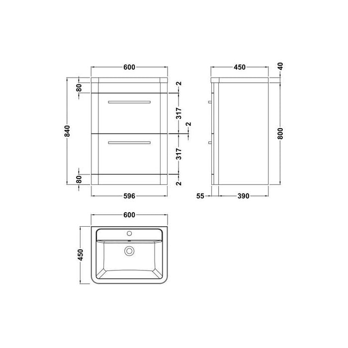 Hudson Reed Solar Cool 600/800mm Vanity Unit - Floor Standing 2 Drawer Unit with Basin - Unbeatable Bathrooms