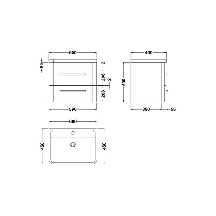 Hudson Reed Solar 600/800mm Vanity Unit - Wall Hung 2 Drawer Unit with Basin - Unbeatable Bathrooms